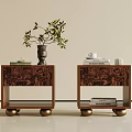 Vintage Art Pattern Wooden Bedside Tables With Gold Round Feet For Stylish Bedroom Storage