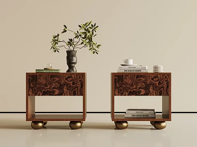 Vintage Art Pattern Wooden Bedside Tables With Gold Round Feet For Stylish Bedroom Storage 3d model