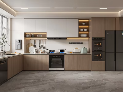 Modern Kitchen Interior Design With White Wooden Cabinets Black Appliances And Marble Countertop 3d model