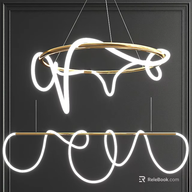 Modern Hanging Chandelier Featuring Gold Metal Frame And White Curved LED Strip Lights Design 3d model 