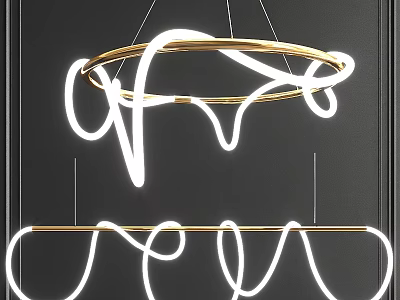 Modern Hanging Chandelier Featuring Gold Metal Frame And White Curved LED Strip Lights Design 3d model