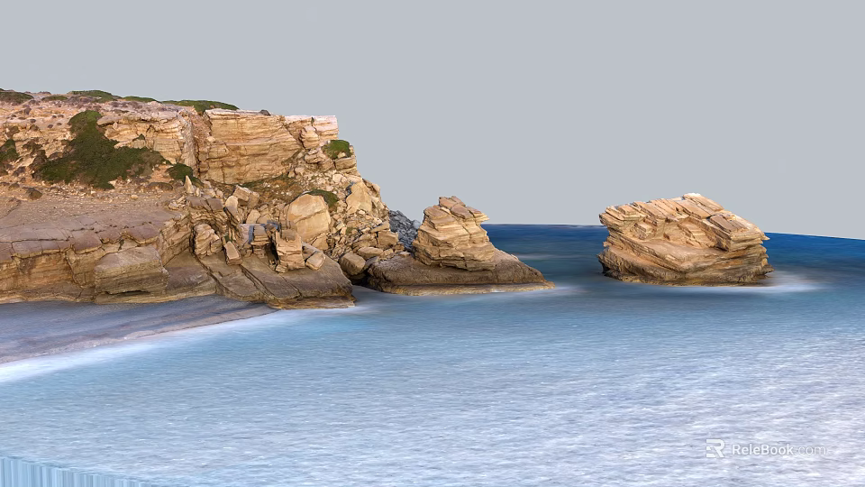 Natural Stone Rock Formations On Coastal Seaside With Turquoise Sea Water And Sandy Beach 3d model 