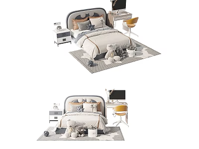 Cozy Children's Bed With Padded Headboard Pillows Study Desk And Playful Toys 3d model