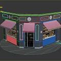 Cartoon Scene Corner Shop With Gray Building Pink Awnings Sign On Door And Window Displays