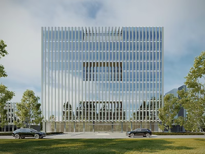 Modern Glass Curtain Wall Office Building With Vertical Facade Front Lawn And Trees 3d model