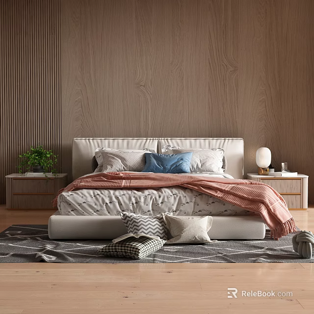 Modern Double Bed With Wooden Background Wall White Headboard Plush Pillows And Textured Rug 3d model 