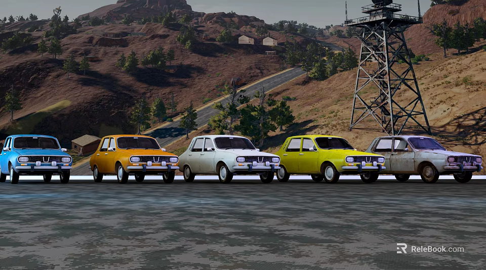 Various Colored Vintage Cars Lined Up On Road With Hills And Tower Background 3d model 