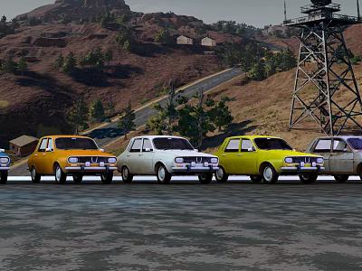 Various Colored Vintage Cars Lined Up On Road With Hills And Tower Background 3d model