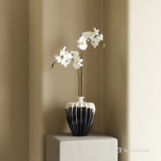 Black And White Striped Vase With White Orchids On Pedestal Against Beige Wall 3d model 