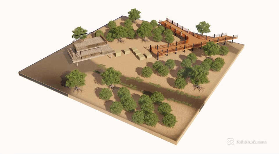 Waterfront Landscape Design With Wooden Boardwalk Green Trees And Seating Area 3d model 