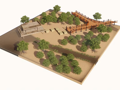 Waterfront Landscape Design With Wooden Boardwalk Green Trees And Seating Area 3d model
