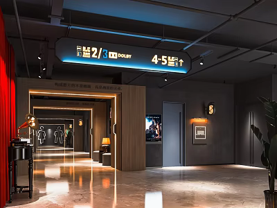 Modern Cinema Entrance Corridor with Lighting Signage 4K Laser Red Curtain Marble Floor Green Plants 3d model