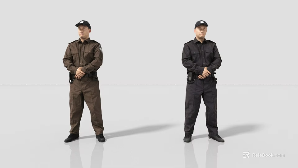 Security Men In Different Color Uniforms With Hats Standing Straight 3d model