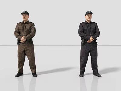 Security Men In Different Color Uniforms With Hats Standing Straight 3d model