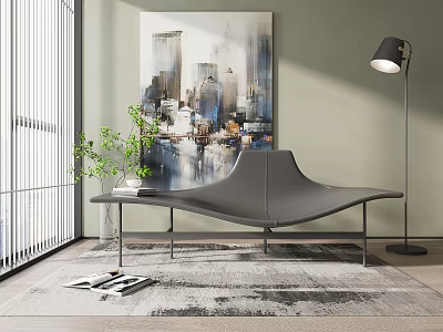 Modern Gray Lounge Chair With Floor Lamp Cityscape Painting Window Plant And Rug 3d model
