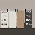 Sliding Doors with Wooden and White Panels and Side Shelves Holding Books and Decorative Items