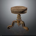 Vintage Wooden Stool With Round Upholstered Seat And Carved Curved Legs