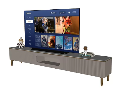Modern Gray TV Stand With Flat Screen TV And Decorative Figurines In Living Room Setup 3d model