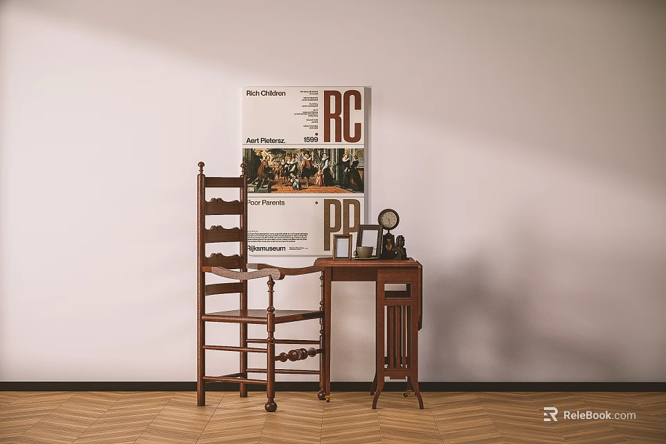 Vintage Wooden Dining Table Set With Chair Small Table And Poster On Wooden Floor 3d model 