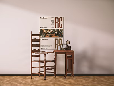 Vintage Wooden Dining Table Set With Chair Small Table And Poster On Wooden Floor 3d model