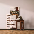 Vintage Wooden Dining Table Set With Chair Small Table And Poster On Wooden Floor