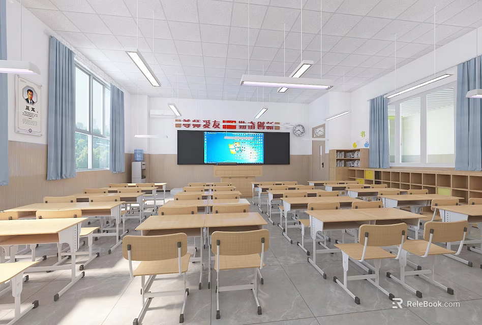 Bright School Classroom Interior With Wooden Desks Chairs Large Screen Windows And Ceiling Lights 3d model 