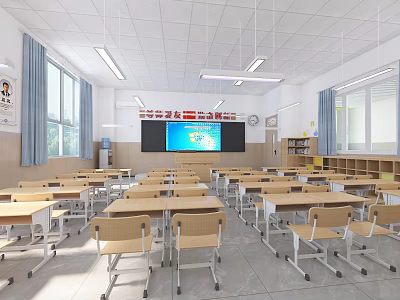Bright School Classroom Interior With Wooden Desks Chairs Large Screen Windows And Ceiling Lights 3d model
