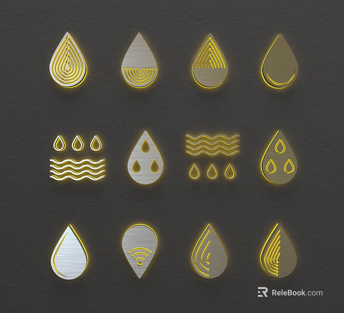 Modern Wall Decor Featuring Gold And Silver Water Drop Shapes With Various Textures 3d model