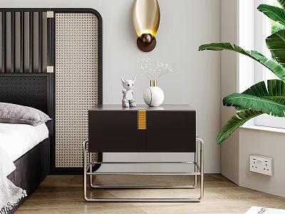 Modern Bedside Table with White Vase Small Decor Gold Wall Lamp and Green Plant 3d model