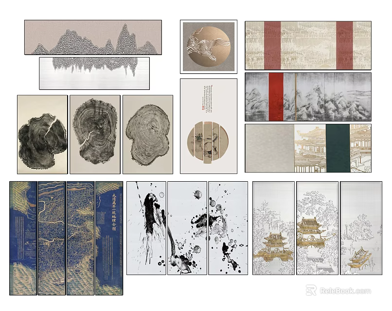 Traditional Chinese Wall Art Collection Featuring Ink Paintings Landscape And Various Designs 3d model 