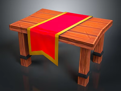 Wooden Table With Red Ribbon And Yellow Border On Top And Black Straps On Legs 3d model