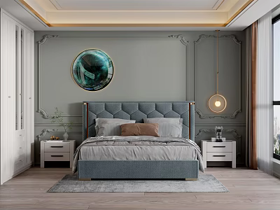 Modern Bedroom Interior With Gray Walls Upholstered Headboard Round Decorative Painting Nightstands Pendant Light 3d model