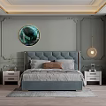 Modern Bedroom Interior With Gray Walls Upholstered Headboard Round Decorative Painting Nightstands Pendant Light