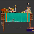 Wizardry Supplies on Wooden Table with Green Cloth Scroll Quill and Potion Bottles
