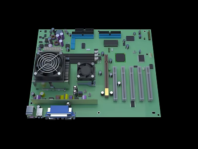 Detailed Computer Motherboard Featuring Cooling Fan Heatsink Electronic Chips And Expansion Slots 3d model