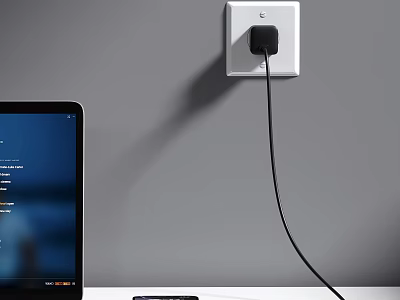 Modern Wall Socket With Black USB Charger Connected To Tablet On White Desk 3d model