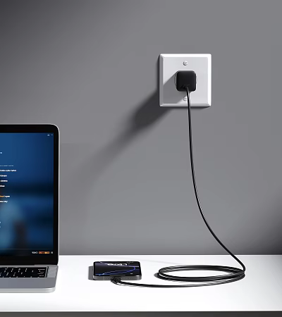 Modern Wall Socket With Black USB Charger Connected To Tablet On White Desk 3d model