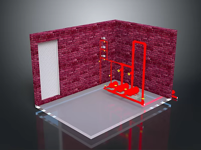 Red Brick Room Interior With Red Installation White Door And Floor Structure 3d model