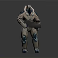Futuristic Sci Fi Game Movie Character with Beige Blue Armor Holding Large Weapon