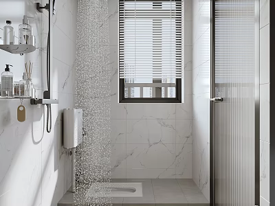 Modern Minimalist Bathroom With White Marble Tiles And Bright Sunlit Shower Area With Window Blinds 3d model