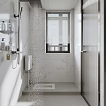 Modern Minimalist Bathroom With White Marble Tiles And Bright Sunlit Shower Area With Window Blinds