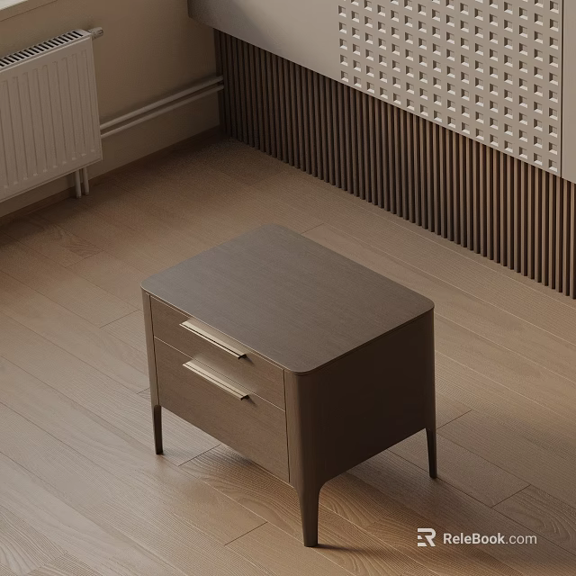 Minimalist Wooden Bedside Table With Two Drawers And Metal Handles In Modern Bedroom 3d model 