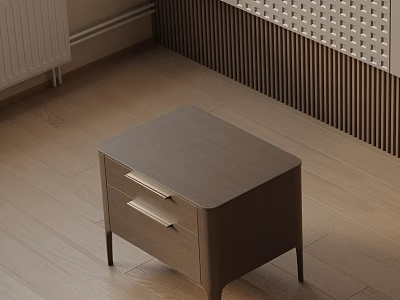 Minimalist Wooden Bedside Table With Two Drawers And Metal Handles In Modern Bedroom 3d model