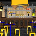 Bar Interior Design With Wooden Counter Yellow Stools And Neon Lighting