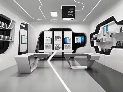 Modern Hi tech Exhibition Hall Design With Display Screens Sleek Counters And LED Lighting 3d model