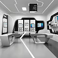 Modern Hi tech Exhibition Hall Design With Display Screens Sleek Counters And LED Lighting 3d model