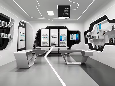 Modern Hi tech Exhibition Hall Design With Display Screens Sleek Counters And LED Lighting 3d model