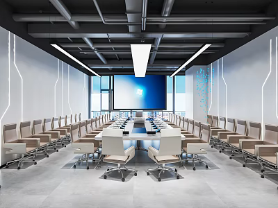 Modern Conference Room With Long Table Multiple Chairs And Large Screen 3d model