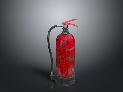 Red Old Fire Extinguisher With Worn Surface And Metal Handle On Gray Background 3d model