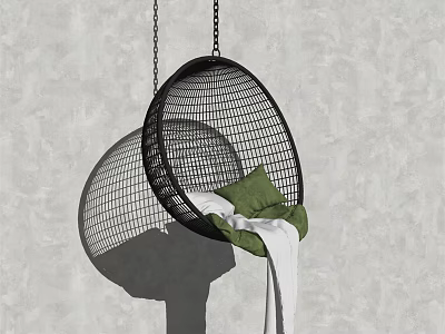 Modern Black Metal Mesh Hanging Chair With Green Cushion And White Throw Blanket 3d model